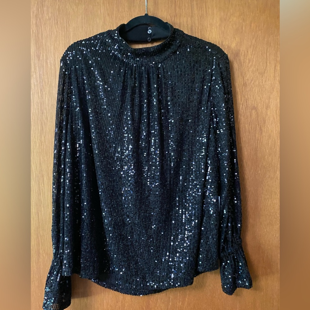 1 State Black Sequin Bell Sleeve Shirt with Open Cowl Back